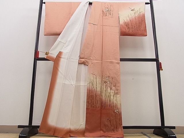 平和屋野田店■訪問着　手描き　刺繍　木賊　椿　暈し染め　金彩　逸品　n-yt0960_画像2