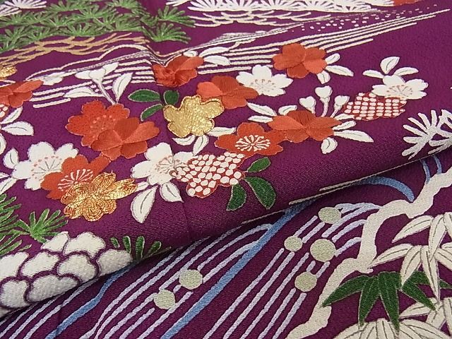  flat peace shop - here . shop # finest quality Kyoto ... old shop .... wistaria long-sleeved kimono * long kimono-like garment set piece embroidery gold paint kimono wrapping paper attaching dress length 156cm sleeve length 64cm silk excellent article 4kk0104