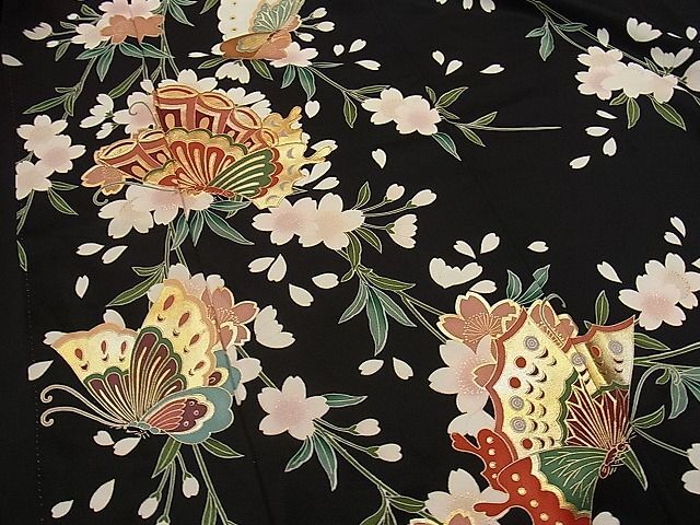  flat peace shop 1# gorgeous long-sleeved kimono piece embroidery Mai butterfly branch Sakura writing black metal . excellent article CAAA2035yc