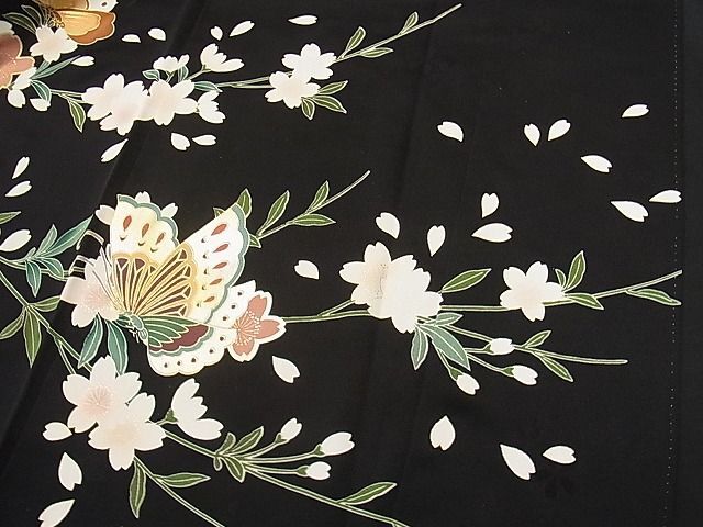  flat peace shop 1# gorgeous long-sleeved kimono piece embroidery Mai butterfly branch Sakura writing black metal . excellent article CAAA2035yc