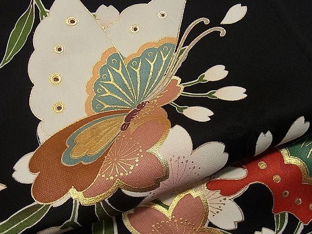  flat peace shop 1# gorgeous long-sleeved kimono piece embroidery Mai butterfly branch Sakura writing black metal . excellent article CAAA2035yc