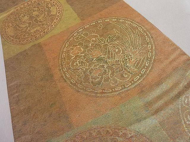 平和屋1■六通柄袋帯　市松絵皿花文　青銅箔　逸品　CAAA7054ut_画像2