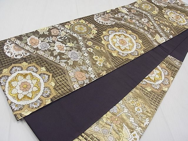 平和屋1■袋帯　総刺繍　スワトウ相良刺繍　正倉院草花文　金糸　逸品　CAAA6793tx_画像1