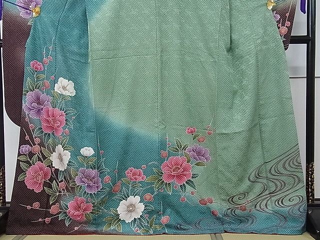  flat peace shop 1# gorgeous long-sleeved kimono . water branch flower writing .. dyeing gold paint excellent article CAAA7395ua