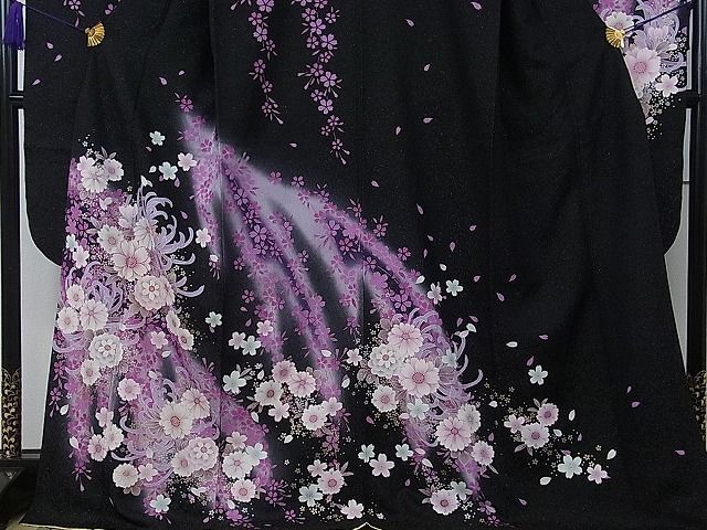  flat peace shop 1# gorgeous long-sleeved kimono ... flower writing .. dyeing black ground silver through . ground . edge attaching excellent article CAAA7406ua