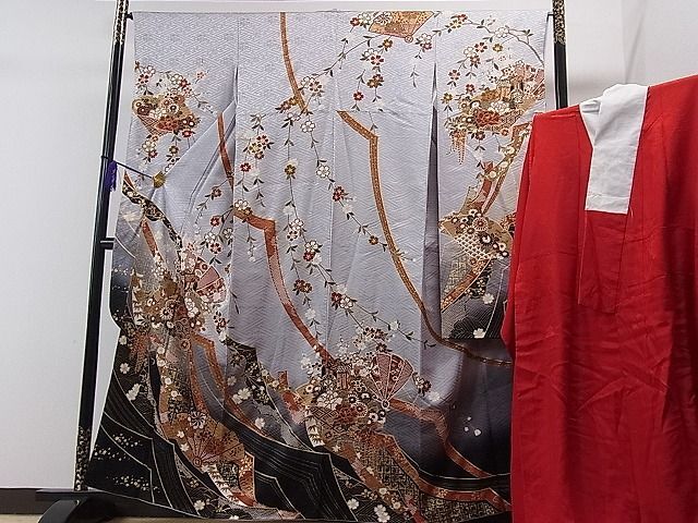  flat peace shop 1# gorgeous long-sleeved kimono * long kimono-like garment set hinoki cypress .. place car . flower writing .. dyeing gold paint excellent article CAAA7544ua