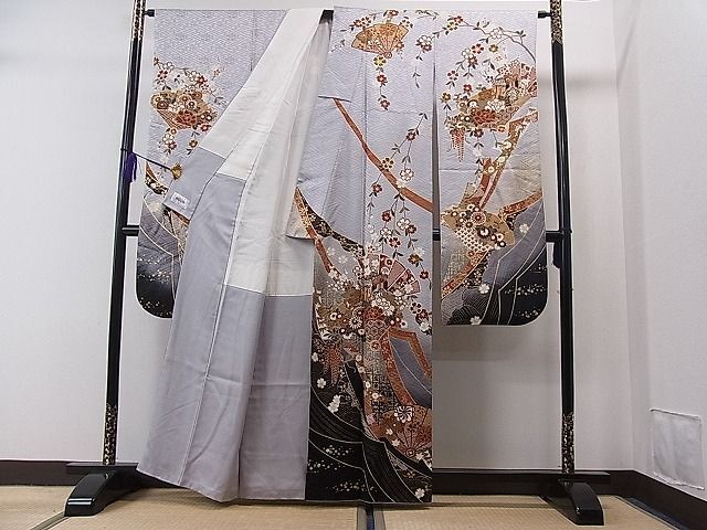  flat peace shop 1# gorgeous long-sleeved kimono * long kimono-like garment set hinoki cypress .. place car . flower writing .. dyeing gold paint excellent article CAAA7544ua