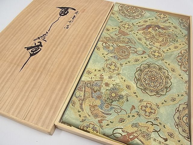 平和屋1■六通柄袋帯　華島雅遊文　本金引箔　木箱付き　逸品　CAAA6813tx_画像1