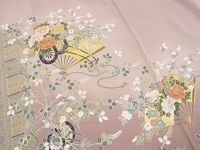 平和屋野田店■豪華色留袖 駒刺繍 扇面花車文 金彩 逸品 未使用 n-yc6485の画像4