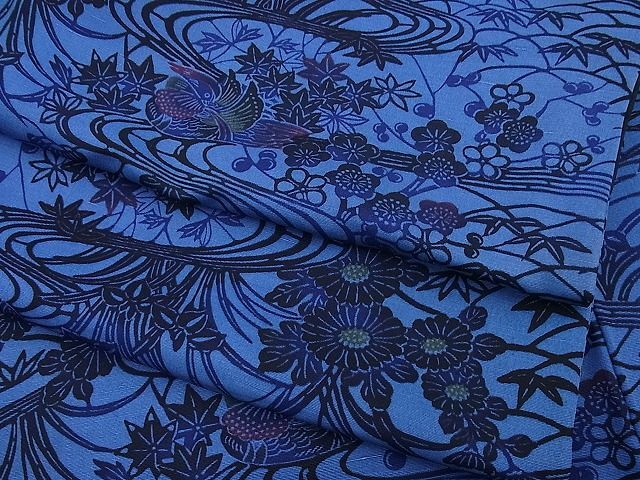 平和屋野田店■小紋 藍 型染め 鴛鴦流水花文 洗える着物 n-gh5934の画像1