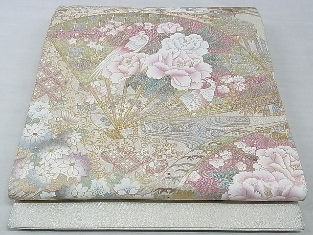 平和屋-こころ店■太鼓柄袋帯　扇面花鳥文　金彩　銀糸　正絹　逸品　A-hg395_画像1