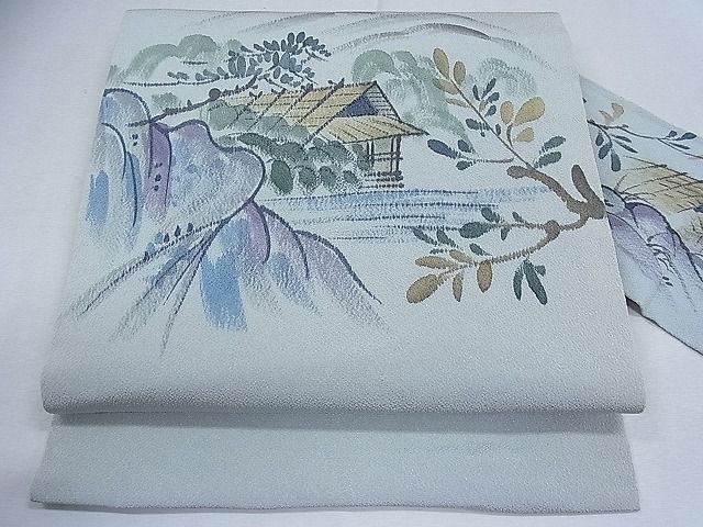 平和屋1■九寸名古屋帯　手描き　風景文　鬼しぼ縮緬　逸品　CAAA4654nb_画像1