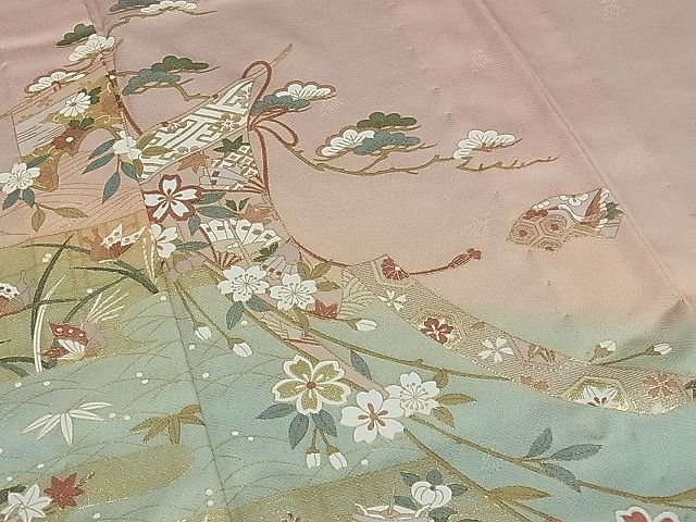 平和屋1■訪問着　単衣　流水几帳舞蝶花文　暈し染め　金彩　逸品　CAAA8252gh_画像4