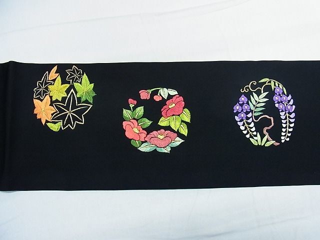 平和屋1■塩瀬 九寸名古屋帯 総刺繍 草花丸文 黒地 金糸 逸品 CAAC0146inの画像6