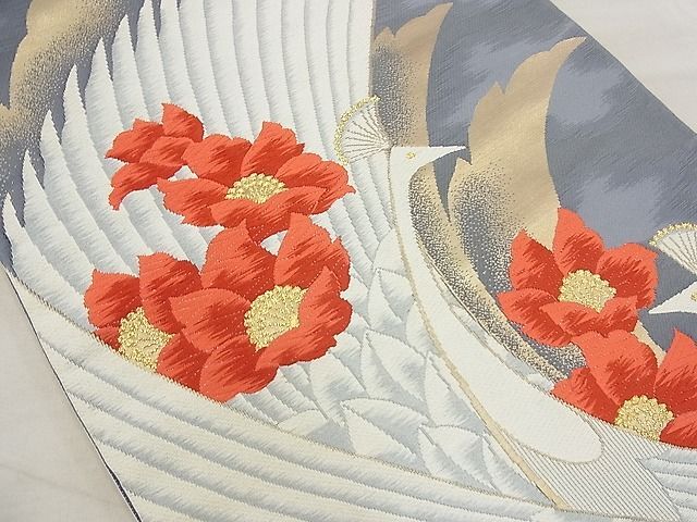 平和屋野田店■六通柄袋帯　唐織　くじゃく舞花文　金銀糸　逸品　n-ea1916_画像2