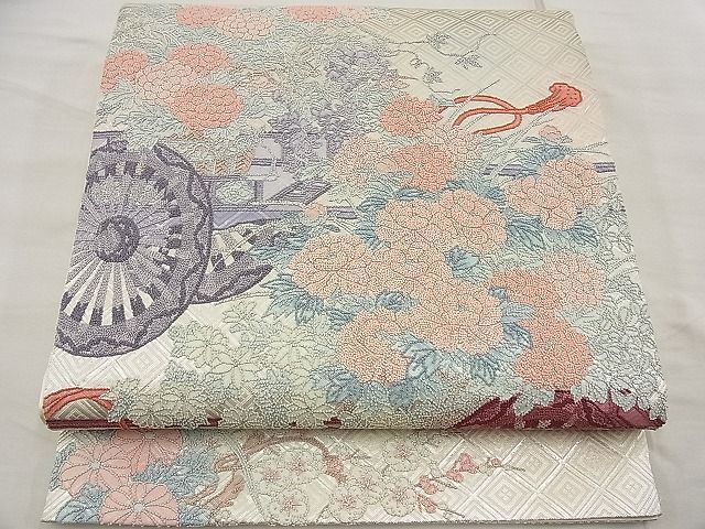 平和屋野田店■太鼓柄袋帯 総相良刺繍 花車文様 銀糸 逸品 n-ea1988の画像1