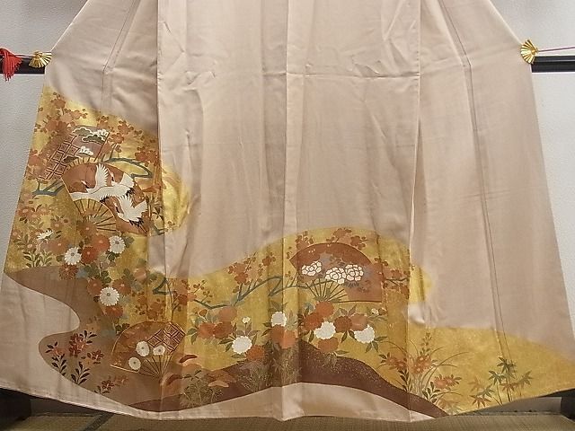 平和屋野田店■色留訪問着　駒刺繍　松竹梅　扇面飛鶴菊花文　金彩　逸品　n-mz8974_画像3