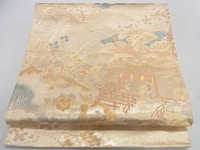 平和屋2■六通柄袋帯　飛鶴風景花文　金糸　逸品　DAAA2643ma_画像1