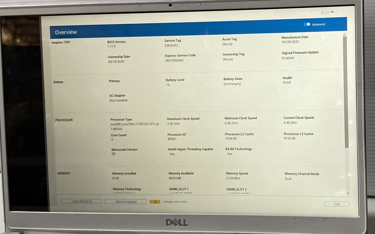 画面表示不良 DELL Inspiron 13 7391 Core i7-10510Uメモリ8GB/13.3インチ ジャンク221_画像3