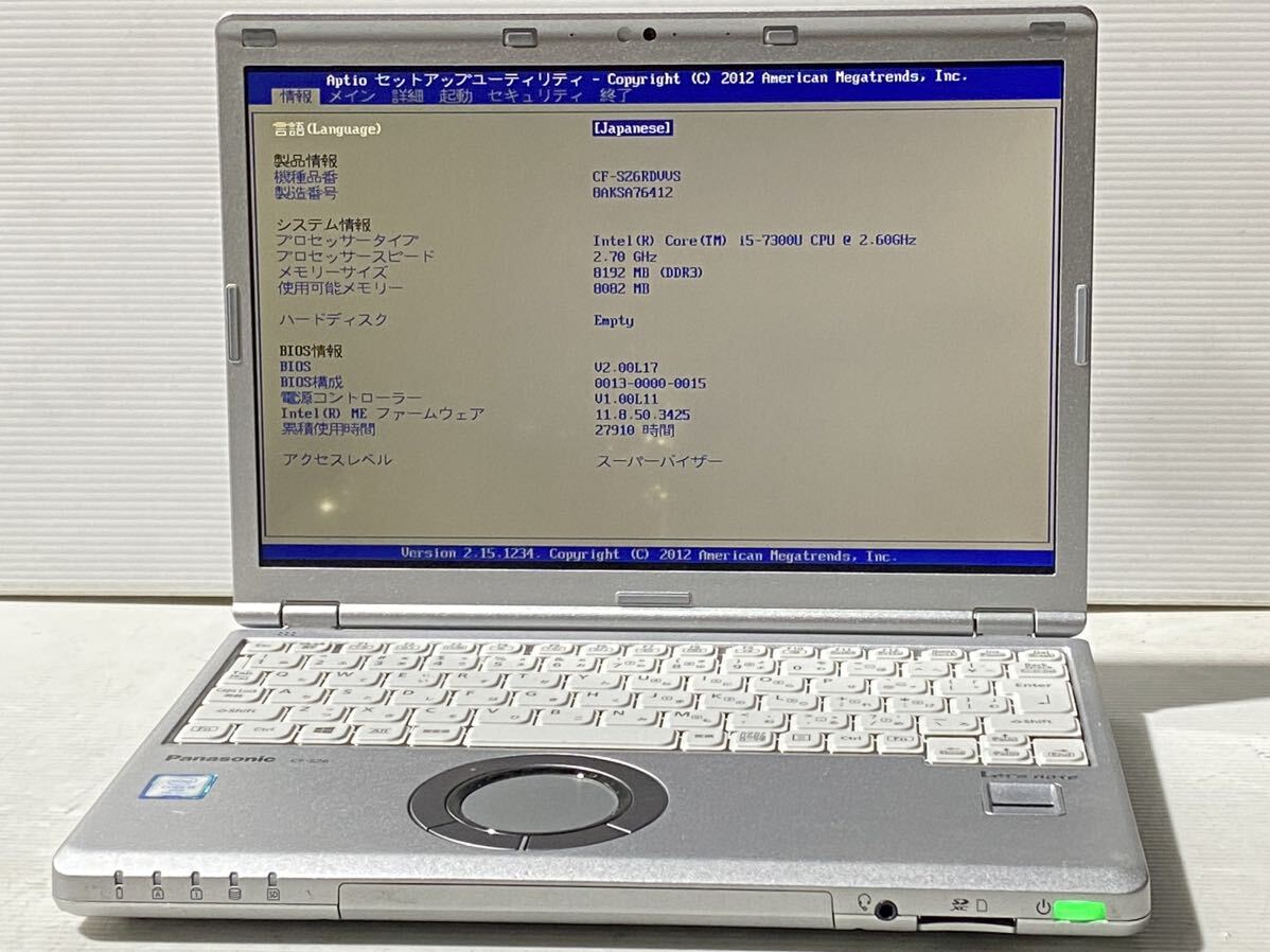 Bios 起動確認済み Panasonic CF-SZ6 Intel Core i5-7300U メモリ8GB 12.1インチ ジャンク260の画像1