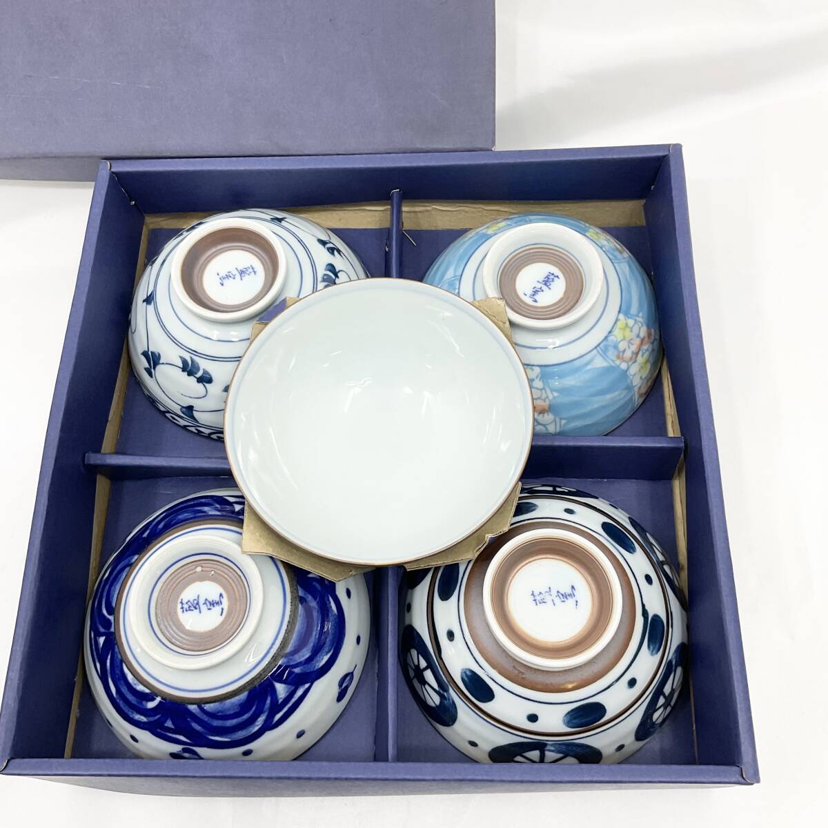 【未使用】藍窯 お茶碗 5客 風景画 花 和食器 陶磁器 (C1129)の画像8