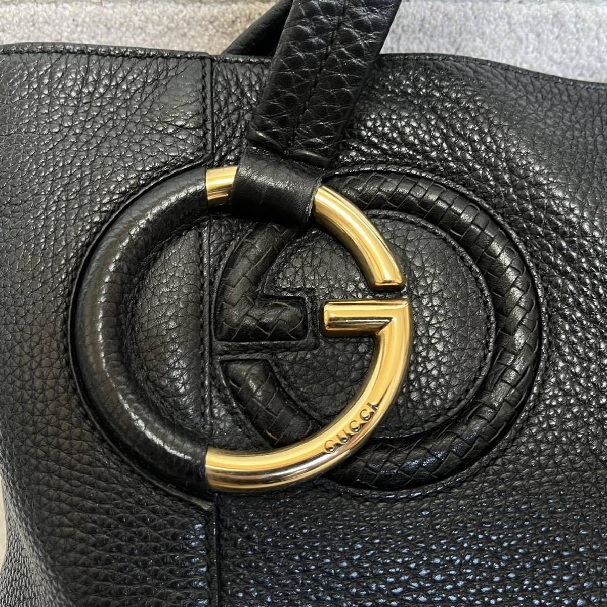 【証明書付き】 GUCCI グッチ インターロッキング シボ革 オールレザー トートバッグ ロゴ 肩掛け A4 金具 保存袋 バック 黒 ブラック_画像6