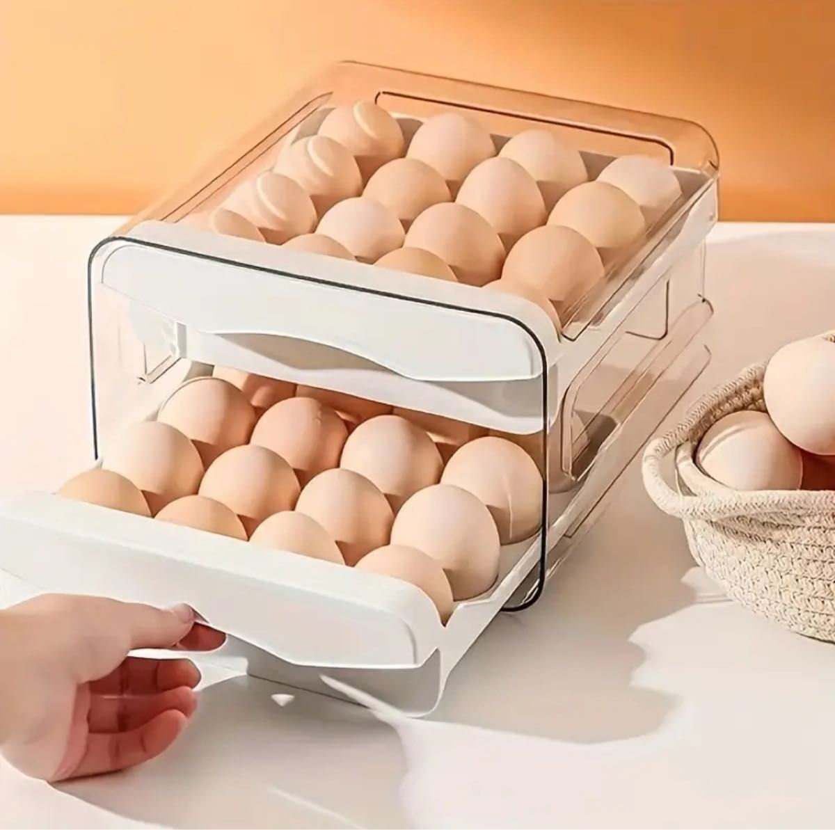 冷蔵庫卵鮮度保持収納ボックス、二層引き出し式多目的漏れ防止プラスチック再利用ボックス　卵収納ボックス