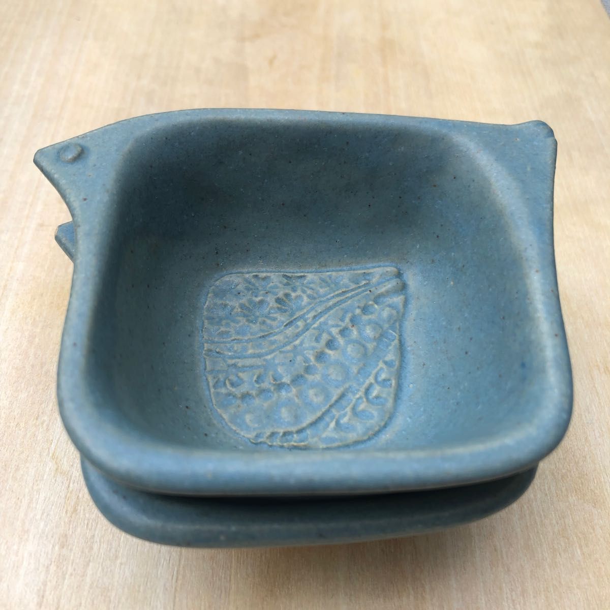 【セール】よしざわ窯　ブルーグレー小鳥鉢　ブラウンひし形皿　益子焼　 小皿 豆皿　デザートカップ　作家器　食器