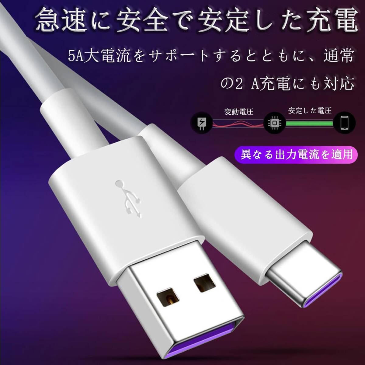 新品! 3本 USB Type C ケーブル5A超急速充電データ転送ケーブルタイプC充電ケーブルSony、Galaxy、Huaweiその他Android 等USB-C機器対応 1Mの画像5