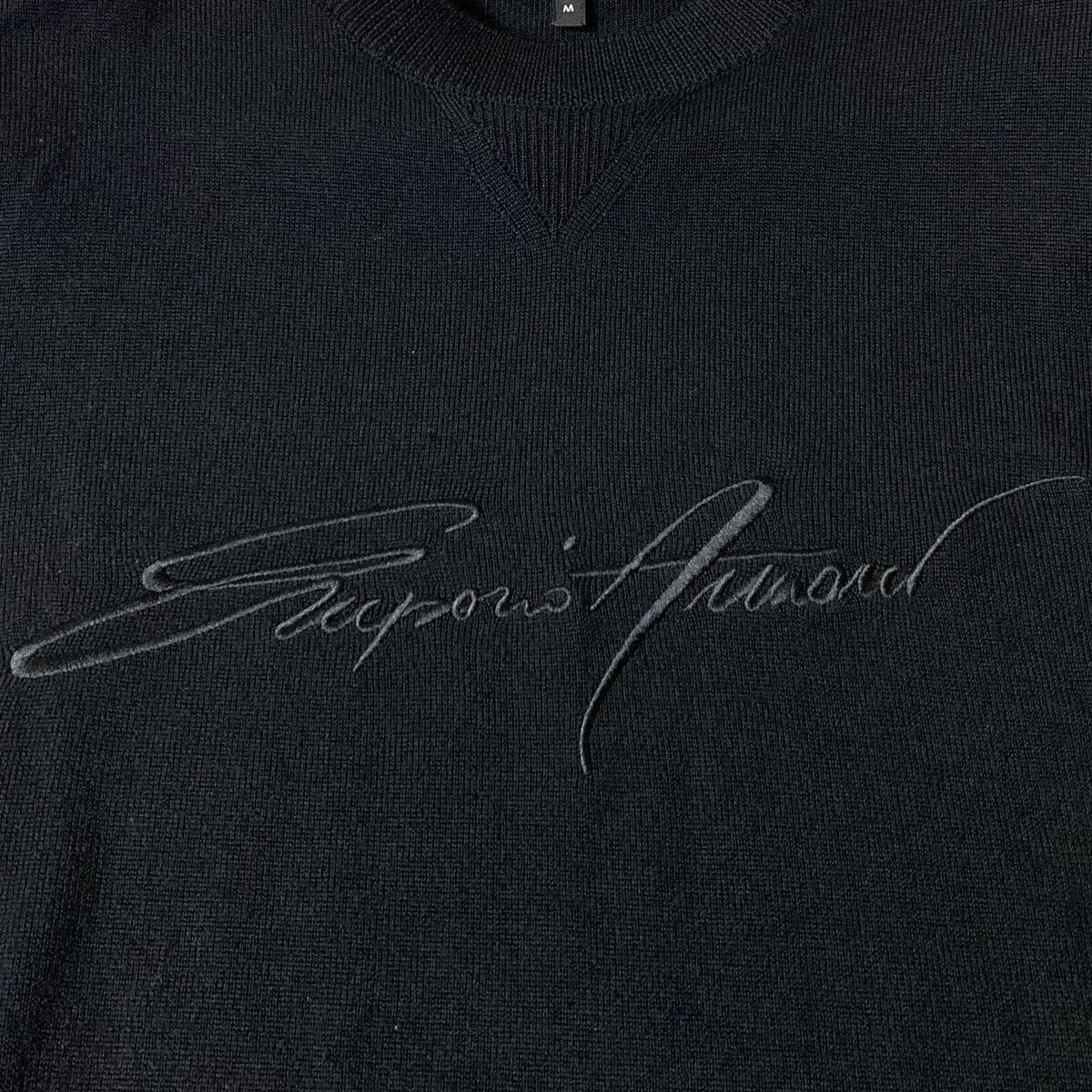 エンポリオアルマーニ EMPORIO ARMANI 筆記体ロゴ刺繍 ニット セーター クルーネック Mサイズ ブラック 黒 メンズ_画像3