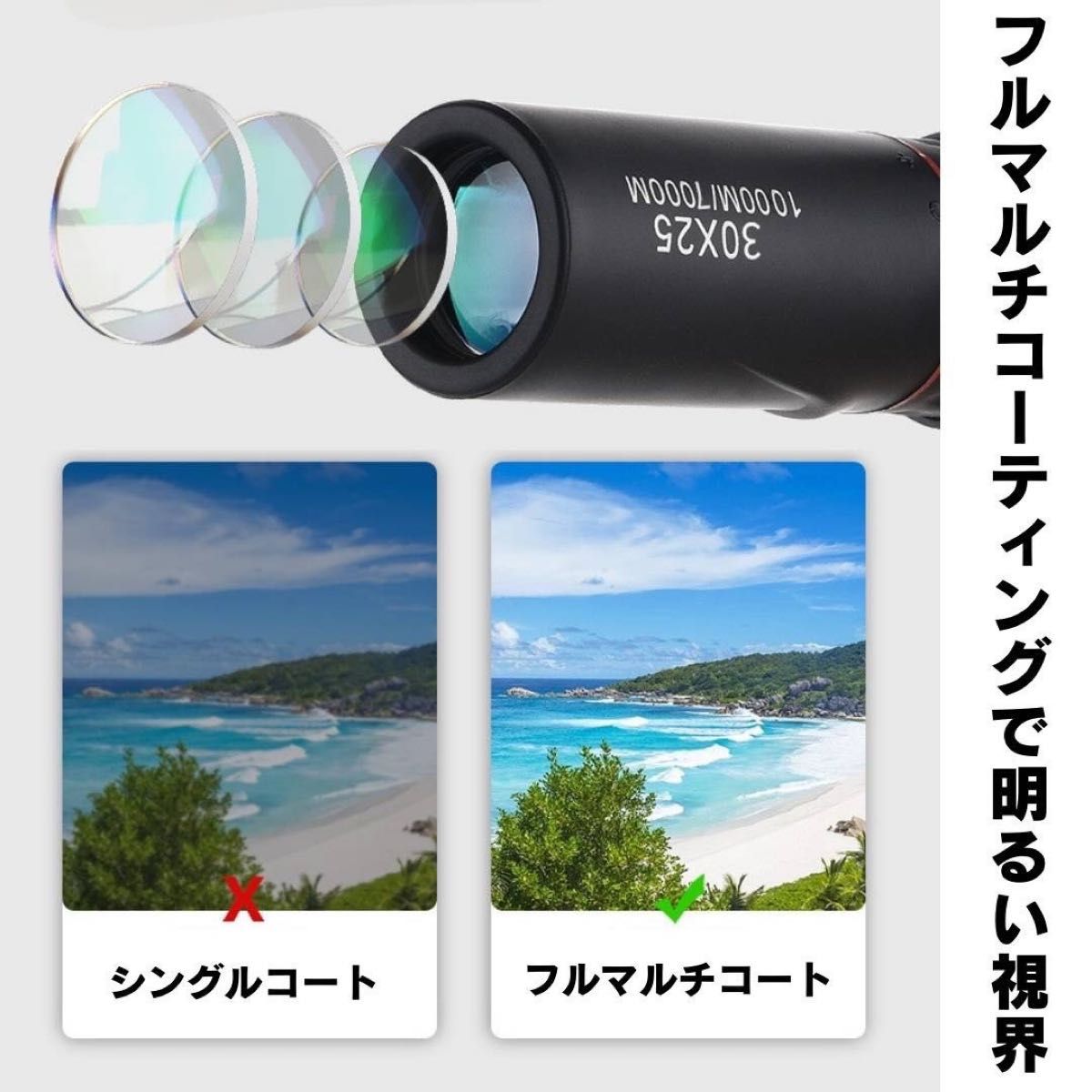 コンパクト 単眼鏡 30×25 手のひらサイズ FMC BAK4 クリア 明るい　ライブ　スポーツ観戦　旅行　登山