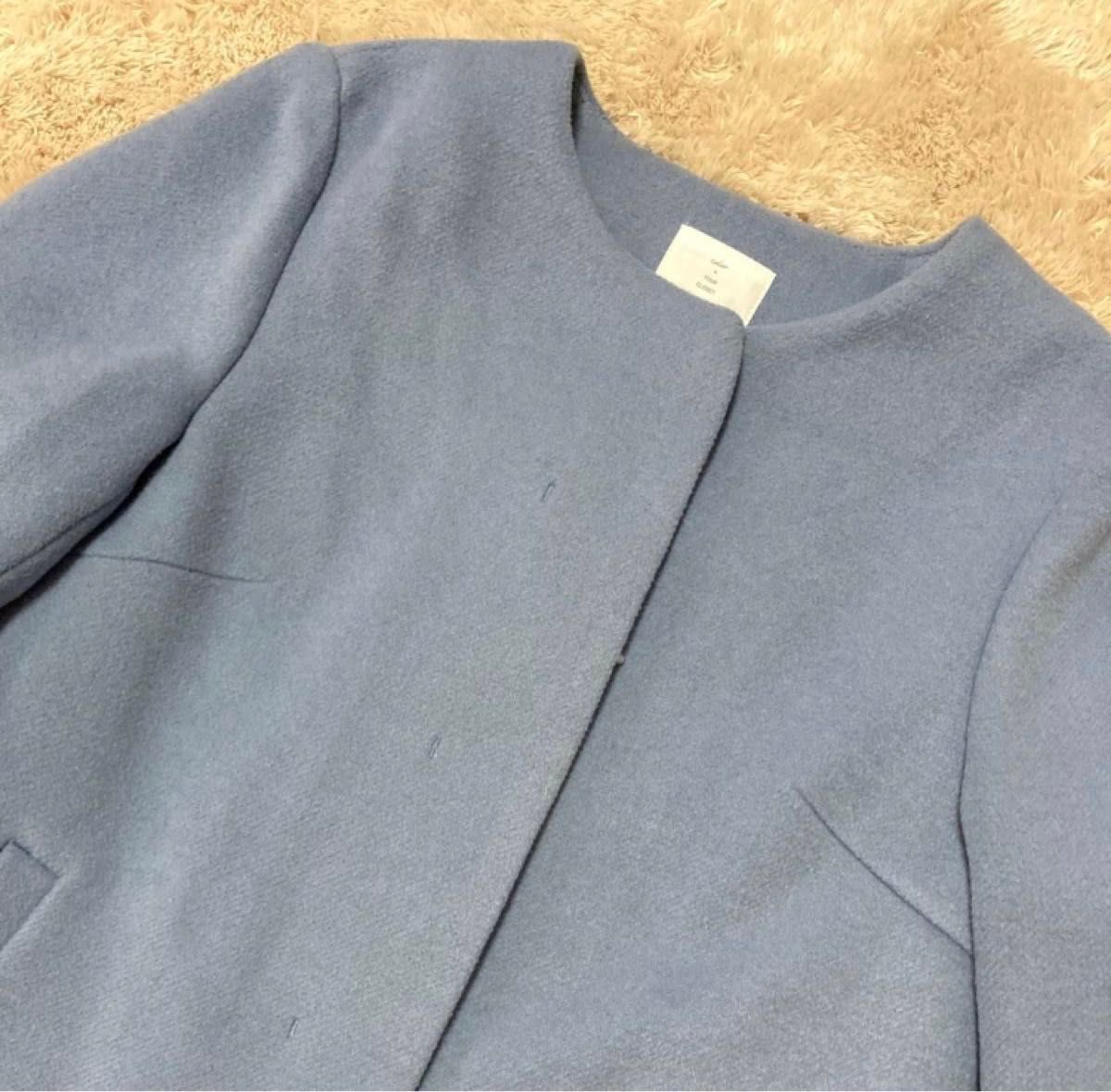 未使用タグ付 定価11,880円Vis ビス ノーカラー 上品春コート ブルーS ショートコート ウールジャケット アウター
