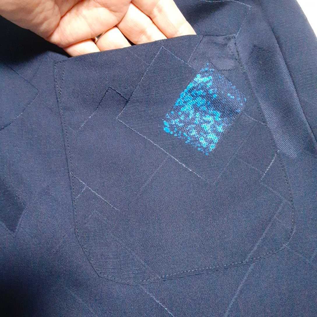 ★着物リメイク シックな紺色正絹小紋 バンドカラーシャツワンピース コート はおりにも 正絹 1点物 スタンドカラー Lサイズくらいの画像8