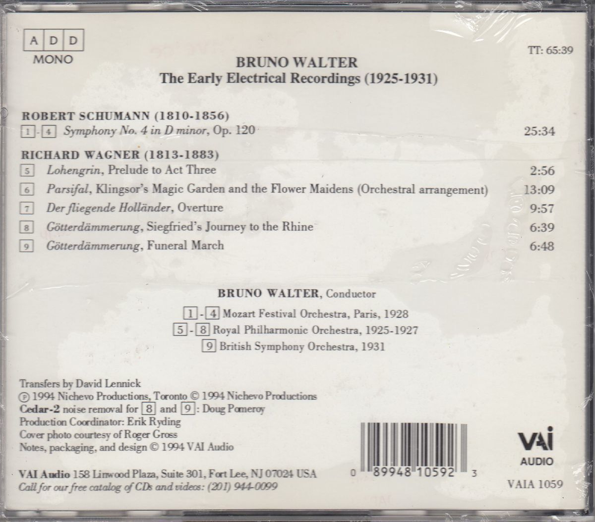 [CD/Vai]シューマン:交響曲第4番ニ短調Op.120他/B.ワルター&モーツァルト祝祭管弦楽団 1928他_画像2