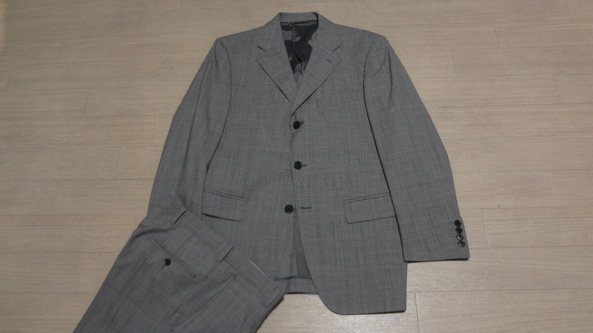 大処分セール☆美品175cmW86cm★SUIT COMPANY☆スーツカンパニー★SUPERIOR★SUPER100s★上質3Bスーツ/グレー薄紺織チェック★シングル２釦_画像1