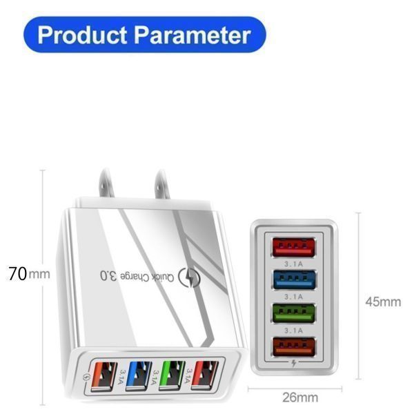 USB アダプター AC 2個 急速 充電器 4ポート 同時充電 USBチャージャー Q.C3.0 スマホ iPhone Android 携帯 100V電源 黒 ブラック 白 小型_サイズ見本です