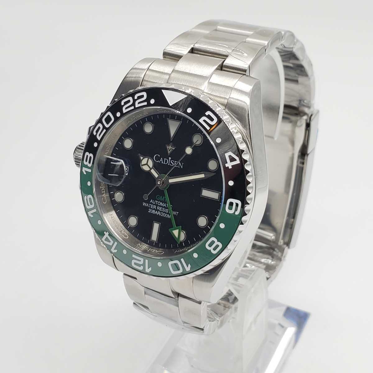 新品 自動巻 CADISEN GMT 緑黒ベゼル レフトハンド仕様 NH34A メンズ腕時計 機械式 回転ベゼル サファイア風防の画像3