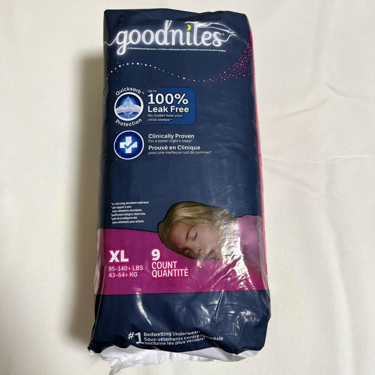 【リニューアル品】【海外の紙おむつ】Goodnites XL(43-64kg) 女の子用 9枚(1パック)【新品未開封】_画像1