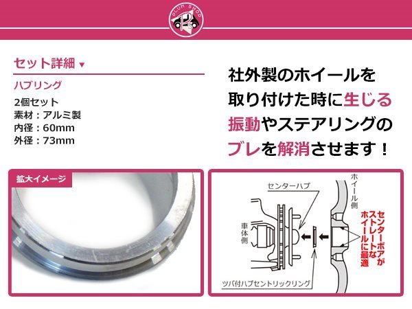 メール便送料無料 ハブリング 外径73mm → 内径60mm 高さ10mm 2個セット ツバ付き 傘付き 軽量アルミ製 ハブ径60mm車用 ハンドル ブレ対策_画像2