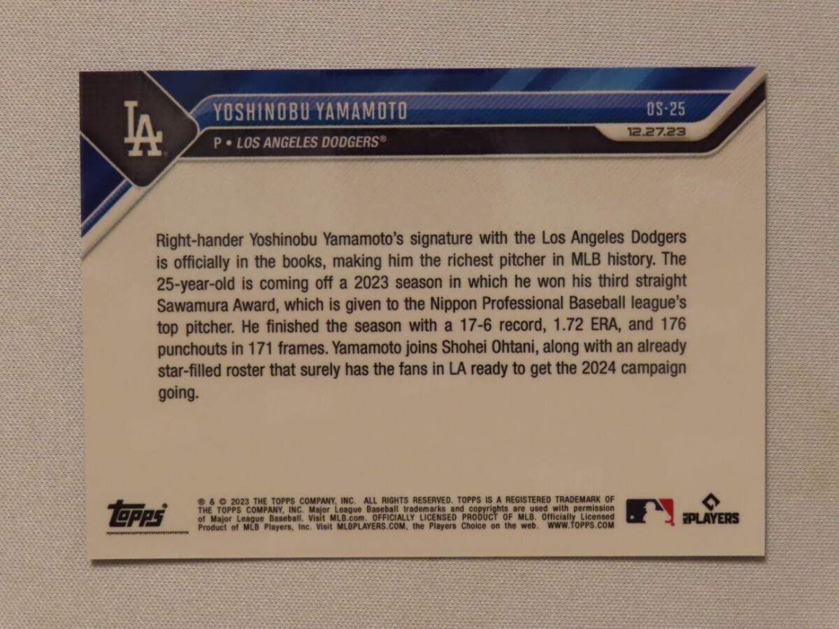 topps now カード 山本由伸 ロサンゼルス・ドジャース OS-25 トップスナウ MLB 2023 オリックス・バファローズ Yoshinobu Yamamoto 2-10_画像2