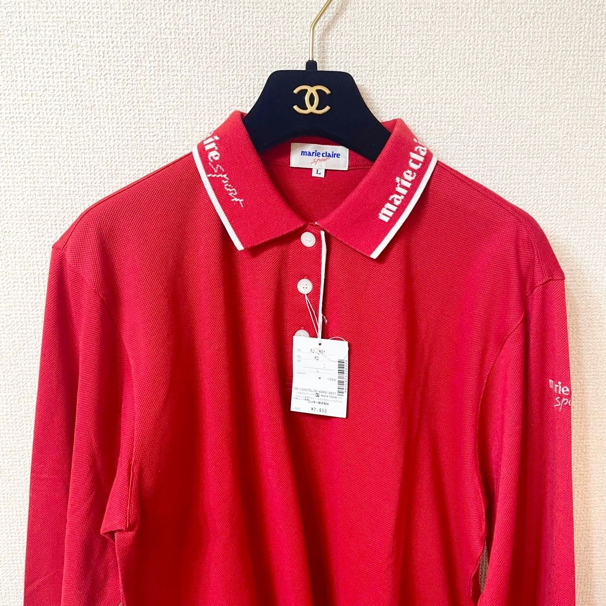 新品未使用タグ付き marieclaire sport ポロシャツ ロゴ 赤 L 長袖ポロシャツ