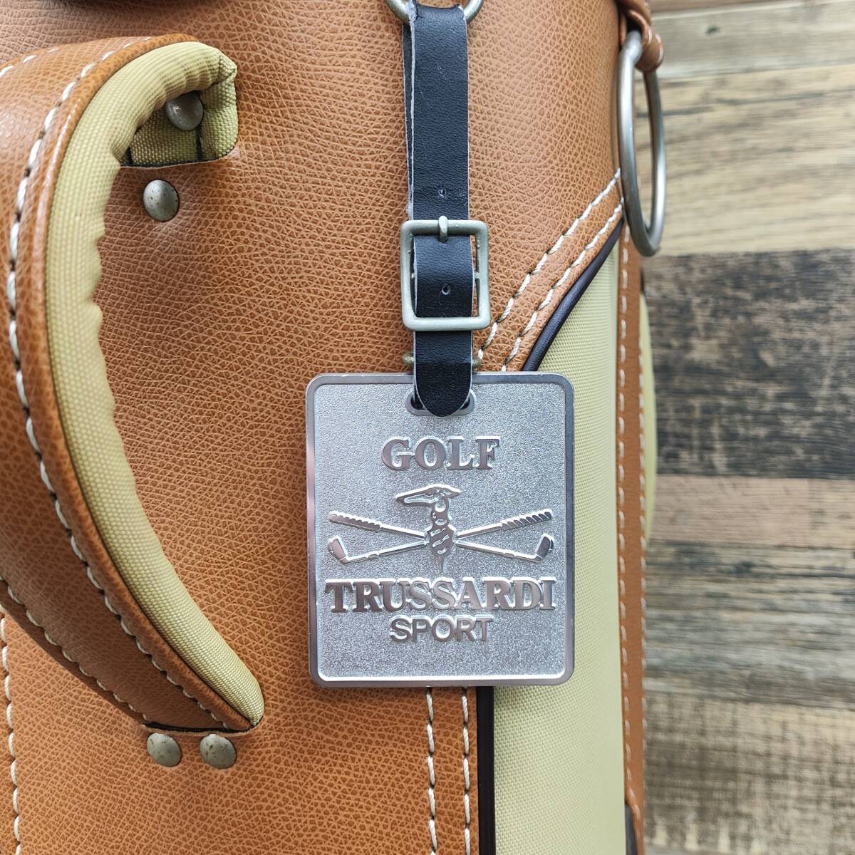 5410【現状品☆TRUSSARDI GOLF/ゴルフバッグ】トラサルディ レザー×ナイロン 軽量 キャディバッグ◇ベージュ 茶色系 レトロ おしゃれの画像4