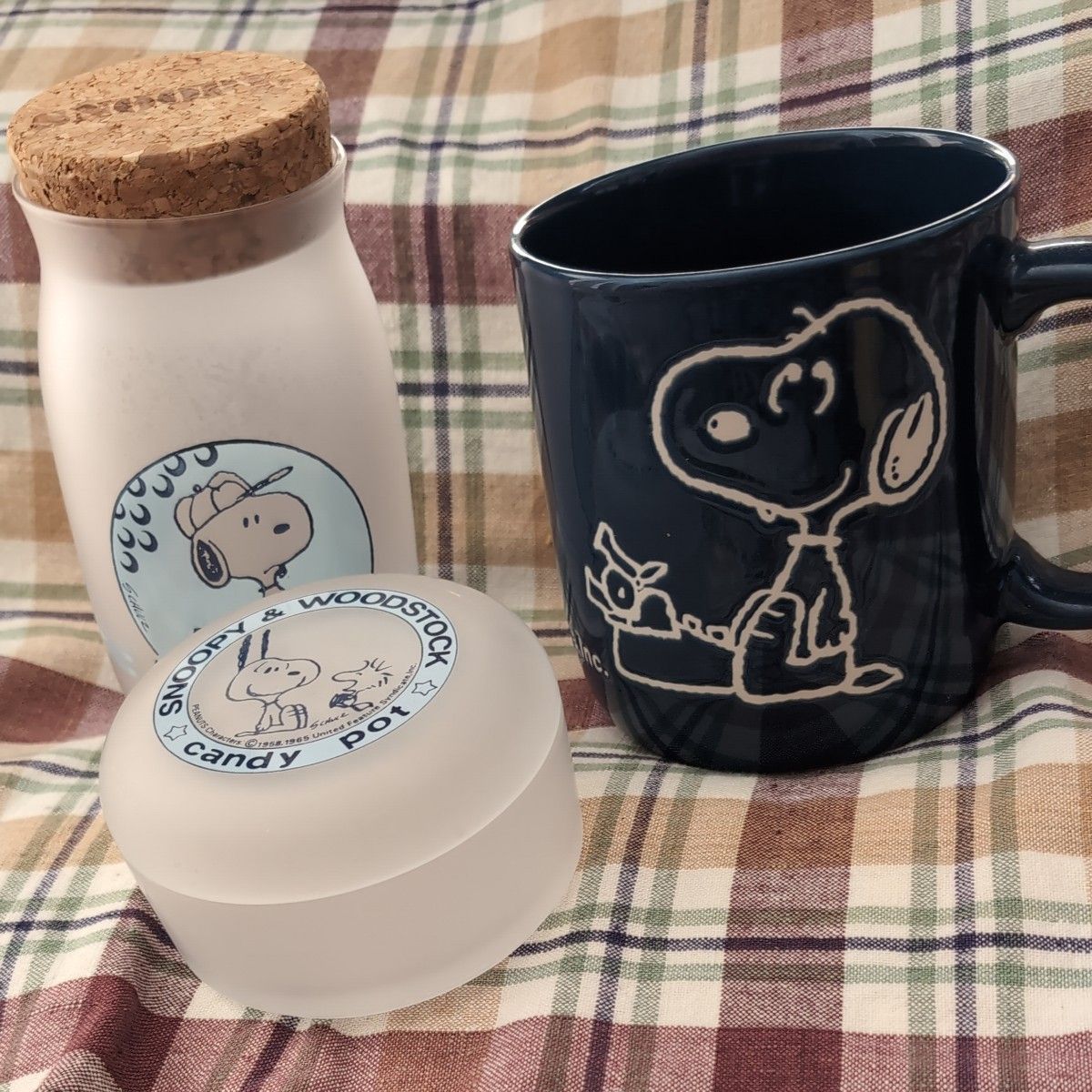 【SNOOPY】ガラス製キャンディポット　巨大マグカップ型陶器　3点セット　レア　ヴィンテージ