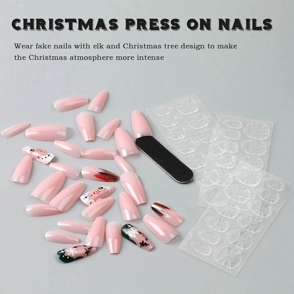 ネイル用ロングコフィンプレス クリスマスフェイクネイル デザイン付き スノーフレーク付け爪 ヌードアクリルプレス ネイル用 光沢の