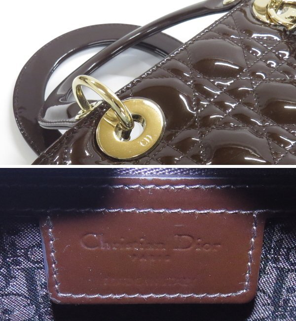 美品 Christian Dior ディオール レディディオール パテント ハンドバッグ ショルダーバッグ ブラウン カナージュの画像9