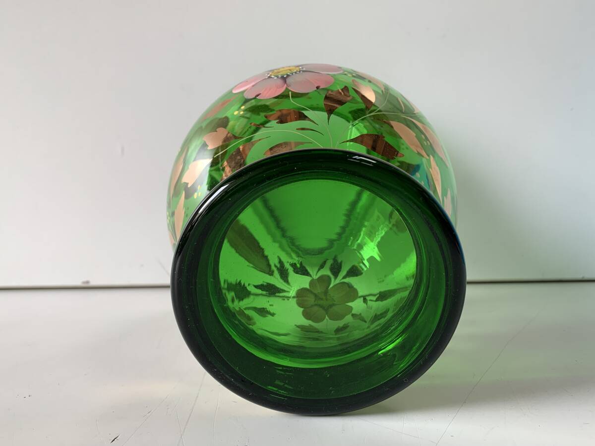 Mu698◆Bohemian Glass ボヘミアグラス◆花瓶 フラワーベース ハンドペイント 金彩 グリーン系 花柄 カリグラス VASE20195/8449/9 箱付の画像7