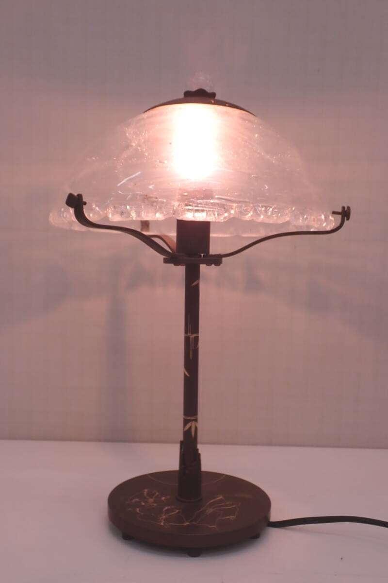 アンティーク 真鍮彫 ランプ 乳白ガラス 気泡ガラス 竹紋細工 シェルランプ 貝ランプ 全3点 インテリア 卓上ランプ P03074の画像2