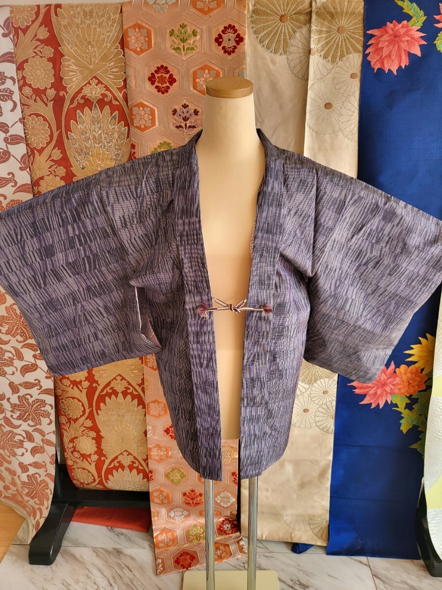 本場大島紬 着物 羽織りセット 紫紺色 袷 正絹 レトロ リメイク用 絹_画像1