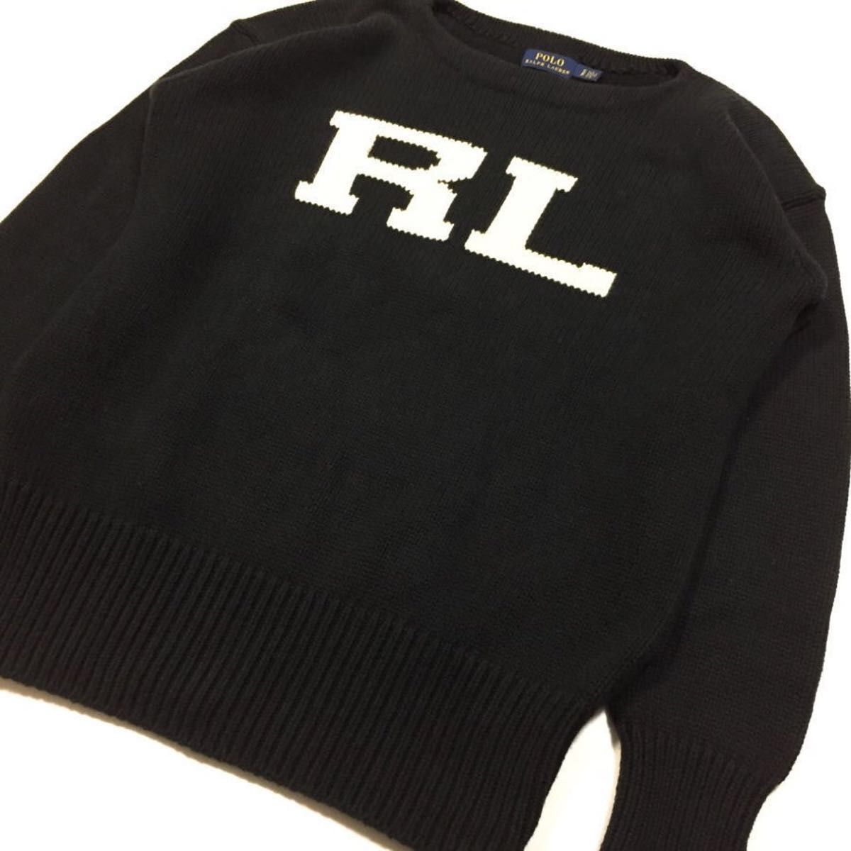 希少 人気 美品 ポロ ラルフローレン RL ヘビーウエイト コットン セーター ドロップショルダー ブラック US Sサイズ