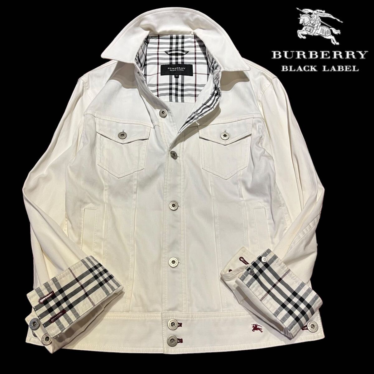 【極上のカジュアル】Mサイズ BURBERRY BLACK LABEL ホワイト 白 デニムジャケット ノヴァチェック チェック柄 Gジャン ロゴ 刺繍 美品_画像1